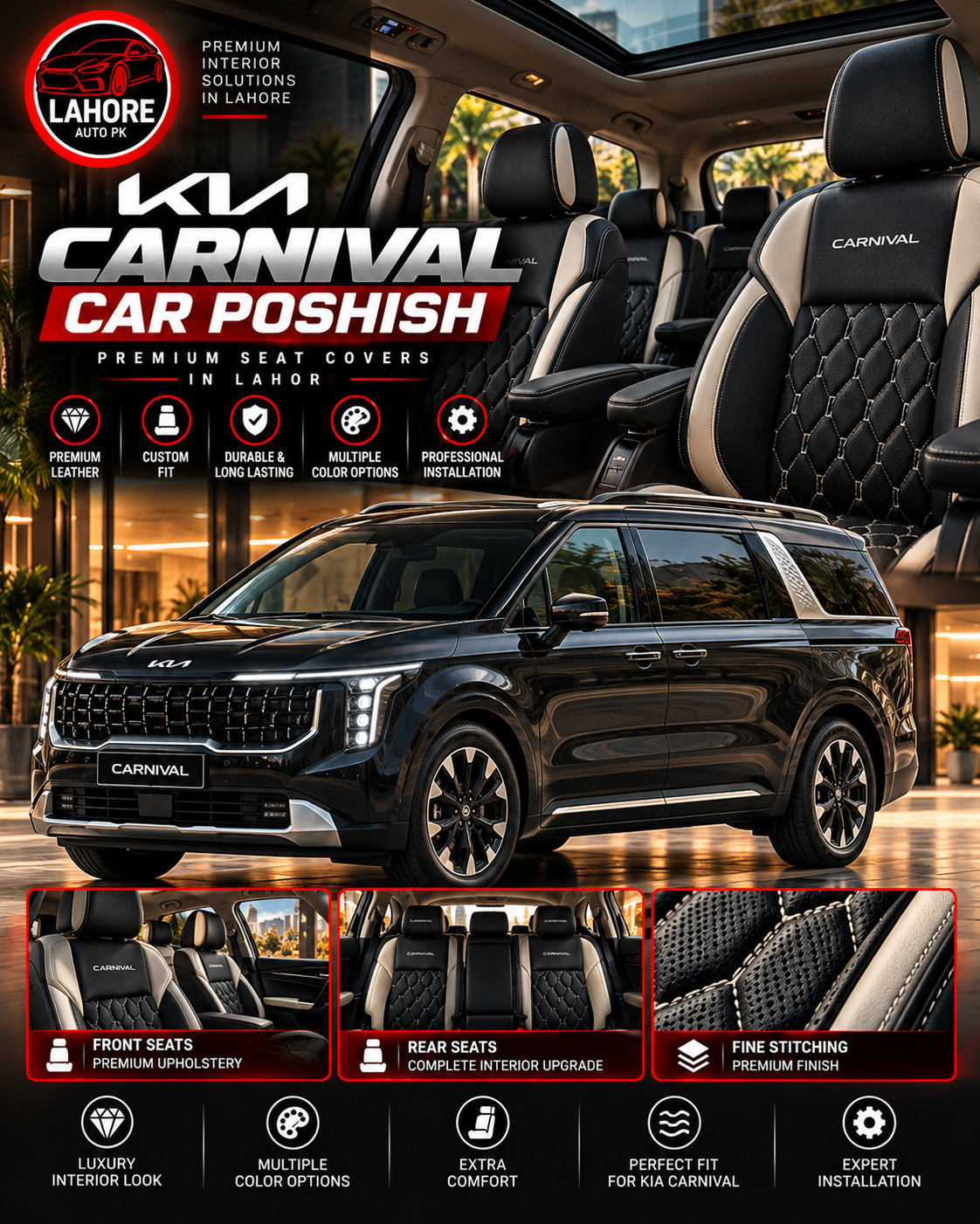 Kia Carnival Car Poshish in Lahore – Premium MPV Leather Seat Covers & Luxury Interior